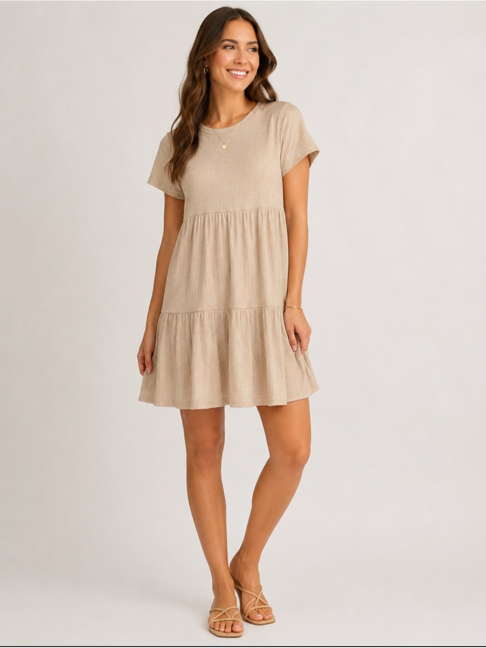 Womens Short Sleeve Tiered Knit Dress in Beige
